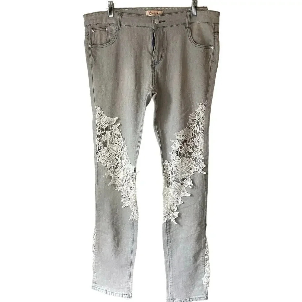 Youboya Y2K Women’s Mid Rise Jeans Size 34/M Light Wash Gray Lace Fairy Pockets